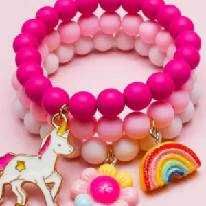 3 bracelets perlés colorés avec pendentifs en forme de licorne, arc-en-ciel et fleur